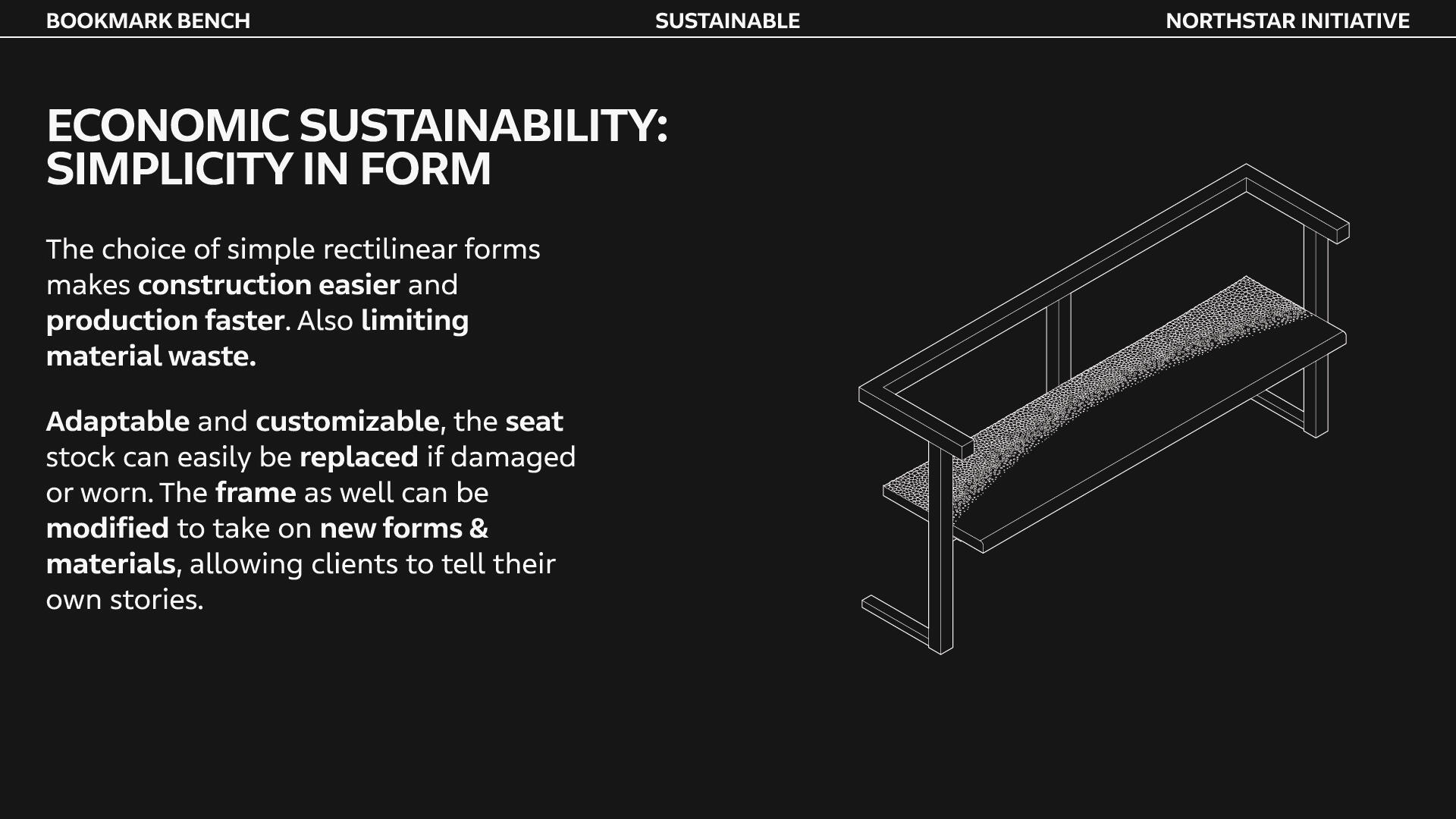 Economic sustainability, simplicity in form. Choosing to go with a rectilinear form makes fabrication easier, production faster, and limits material wast.